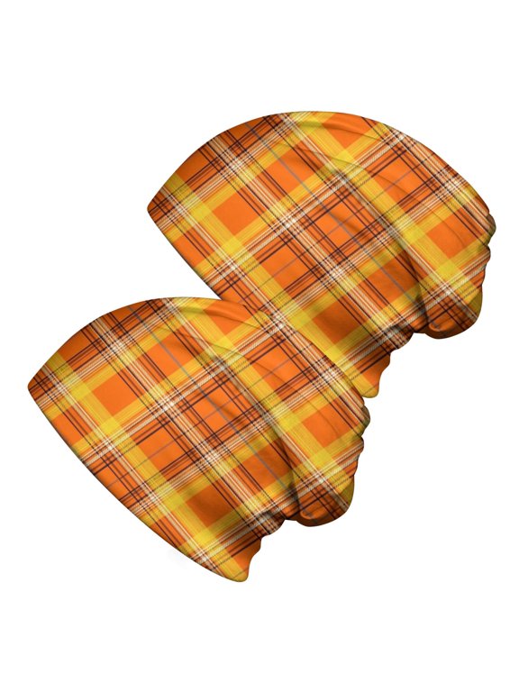 Thanksgiving Bright Orange Plaid Pattern 2 Pack Slouchy Beanie Hat, Warm Winter Skull Cap with Stretchy Fabric & Soft Texture, Lightweight Flexible Gifts for Birthday Christmas Thanksgiving