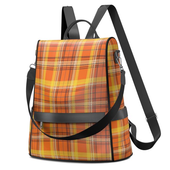 Thanksgiving Bright Orange Plaid Pattern Fashion Backpack, Casual Daypack with Side Bottle Pockets & Convertible Strap, Water Repellent Polyester Gifts for Women Casual Use