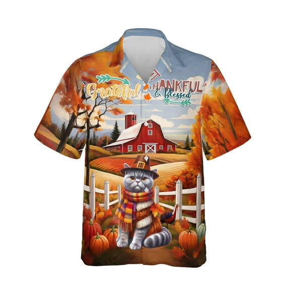 Thanksgiving British Shorthair Pilgrim Grateful, Thankful, Blessed Fall Welcome Hawaiian Shirt Breathable Summer Unisex Merch Cat Lover Kitten Owner Gifts - 00021