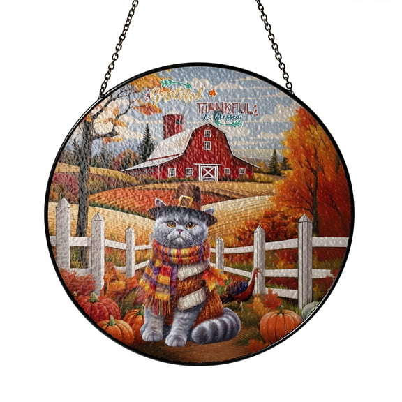 Thanksgiving British Shorthair Pilgrim Grateful, Thankful, Blessed Fall Welcome Stained Glass Suncatcher Cat Lover Kitten Owner Gifts Window Hanging Sign Decor - 00021