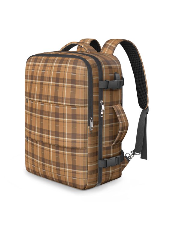 Thanksgiving Brown Tan Plaid Pattern Travel Laptop Backpack, Convertible Carry on Duffel with Multi Compartments & USB Port, Hideaway Straps Gifts for Men Women