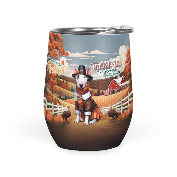 Thanksgiving Bull Terrier Pilgrim Grateful, Thankful, Blessed Fall Welcome 12oz Stainless Steel Wine Tumbler Insulated Cup with Lid Bully Dog Lovers Gifts Idea - 00021