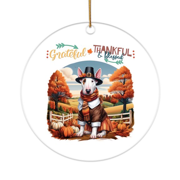 Thanksgiving Bull Terrier Pilgrim Grateful, Thankful, Blessed Fall Welcome Acrylic Round Ornament Bully Dog Lovers Gifts Idea Home Tree Decor - 00021