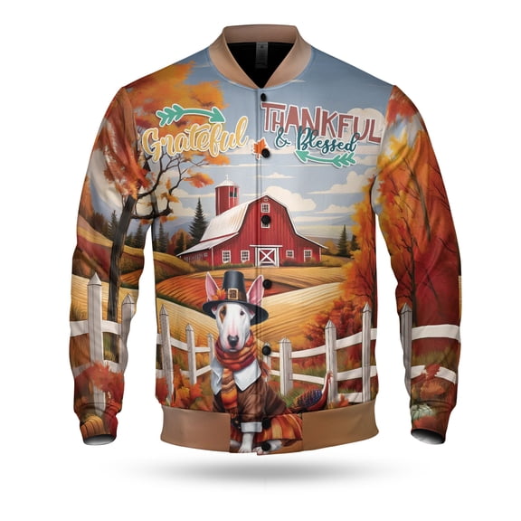 Thanksgiving Bull Terrier Pilgrim Grateful, Thankful, Blessed Fall Welcome All Over Print 3D Baseball Jacket Bully Dog Lovers Gifts Idea Bomber Jacket Softball - 00021