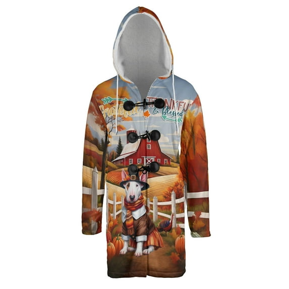 Thanksgiving Bull Terrier Pilgrim Grateful, Thankful, Blessed Fall Welcome All Over Print 3D Hooded Duffle Toggle Coat Bully Dog Lovers Gifts Idea - 00021