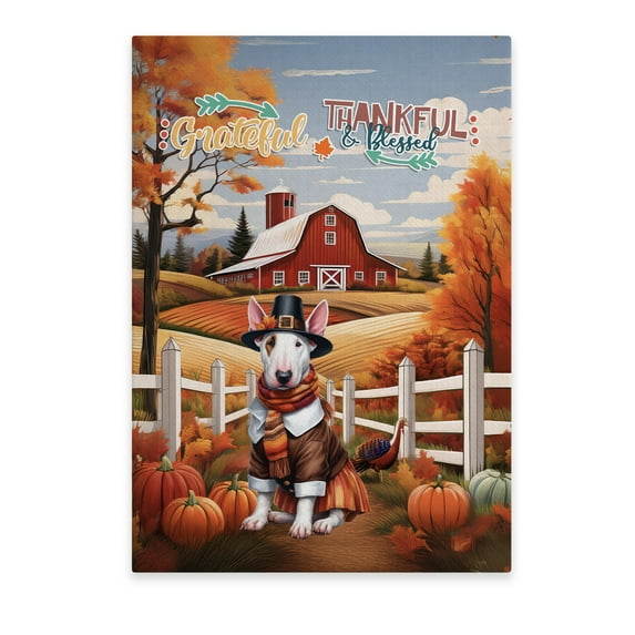 Thanksgiving Bull Terrier Pilgrim Grateful, Thankful, Blessed Fall Welcome Vertical Matte Canvas Poster Bully Dog Lovers Gifts Idea Wall Art Home Decor - 00021