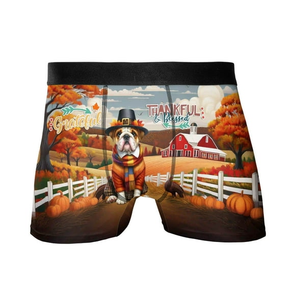 Thanksgiving Bulldog Pilgrim Grateful, Thankful, Blessed Fall Welcome All Over Print Boxer Briefs Underwear for Men Dad Dog Lover Gifts Idea - 00021