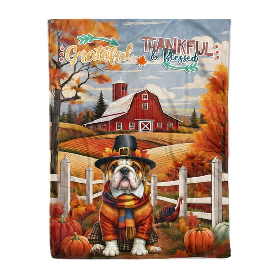 Thanksgiving Bulldog Pilgrim Grateful, Thankful, Blessed Fall Welcome Cozy Fleece Blanket Dog Lover Gifts Idea Warm Soft Throw Blanket - 00021
