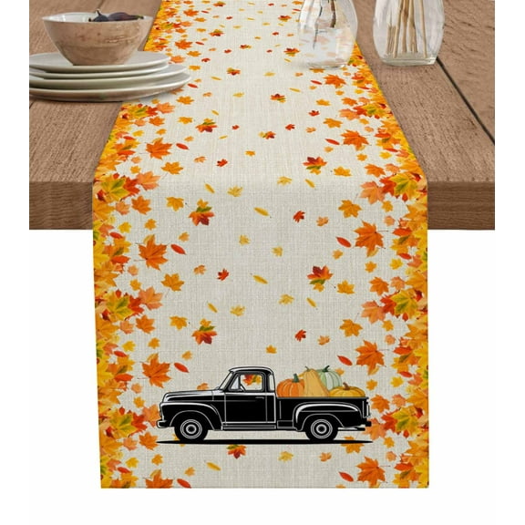 Thanksgiving Burlap Cotton Table Runner 13x108 Inches Long, Fall Black Truck Orange Maple Leaves Rustic Farmhouse Table Runners, Outdoor Dining Tablecloths Decor for Baby Shower/Party/Wedding