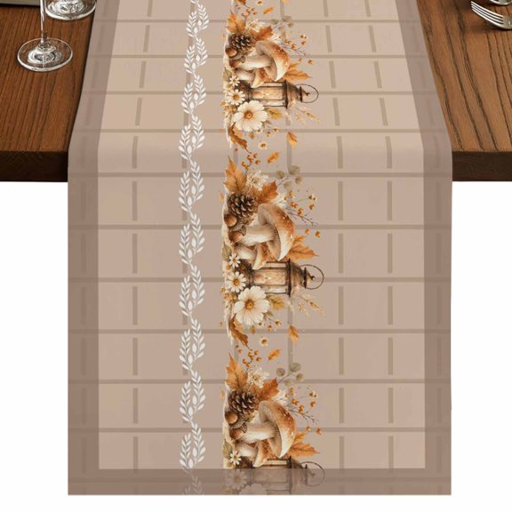 Thanksgiving Burlap Cotton Table Runner 13x36 Inches Short, Fall Harvest Mushroom Brown Buffalo Plaid Farmhouse Table Runners, Outdoor Dining Table Decor for Baby Shower/Party/Wedding