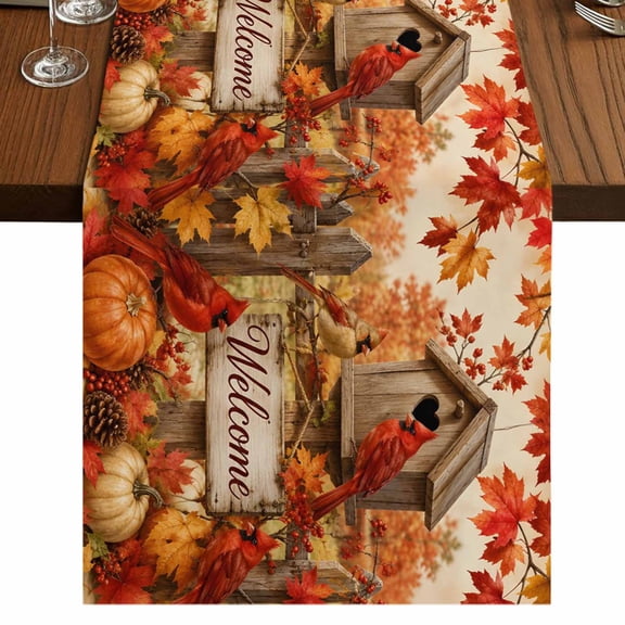 Thanksgiving Burlap Cotton Table Runner 13x60 Inches Long, Fall Barn Cardinal Pumpkin Maple Leaves Farmhouse Table Runners, Outdoor Dining Table Decor for Baby Shower/Party/Wedding