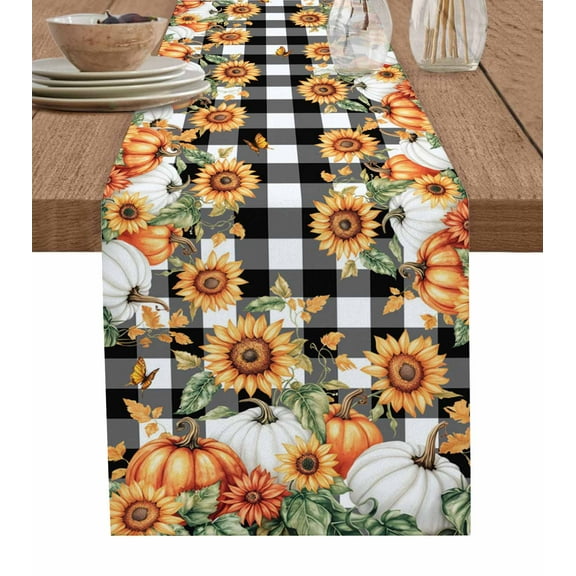 Thanksgiving Burlap Cotton Table Runner 13x60 Inches Long, Fall Orange Pumpkin Sunflowers Black Plaid Farmhouse Table Runners, Outdoor Dining Tablecloths Decor for Baby Shower/Party/Wedding