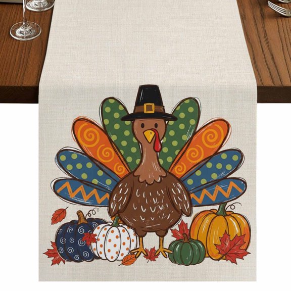 Thanksgiving Burlap Cotton Table Runner 13x60 Inches Long, Fall Turkey Pumpkins Maple Leaves Rustic Farmhouse Table Runners, Outdoor Dining Table Decor for Baby Shower/Party/Wedding