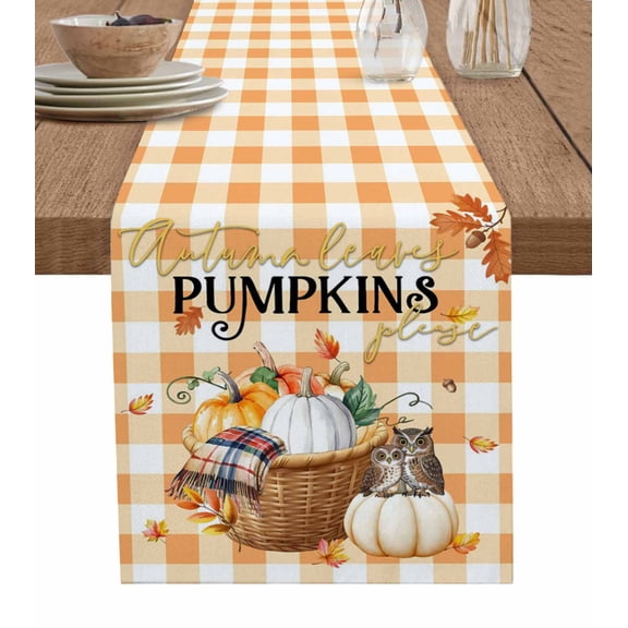 Thanksgiving Burlap Cotton Table Runner 13x90 Inches Long, Pumpkins Yellow Beige Plaid Farmhouse Fall Farmhouse Table Runners, Outdoor Dining Tablecloths Decor for Baby Shower/Party/Wedding