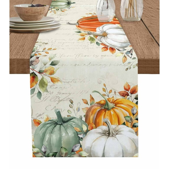 Thanksgiving Burlap Cotton Table Runner 13x90 Inches Long, Sage Green Eucalyptus Orange White Pumpkin Farmhouse Table Runners, Outdoor Dining Tablecloths Decor for Baby Shower/Party/Wedding