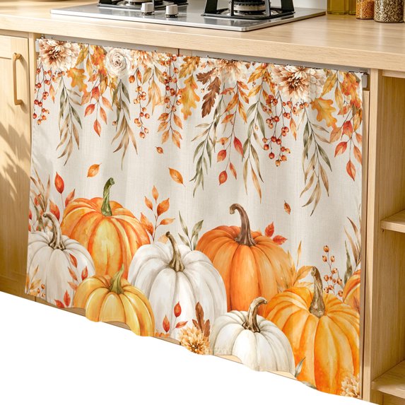 Thanksgiving Cabinet Dishwasher Hidden Curtains, Privacy Closet Door Curtain, Retro Fall Orange Pumpkin Branches Floral Adhesive Dust Proof Under Sink Skirt for Bathroom Kitchen 35"x35"