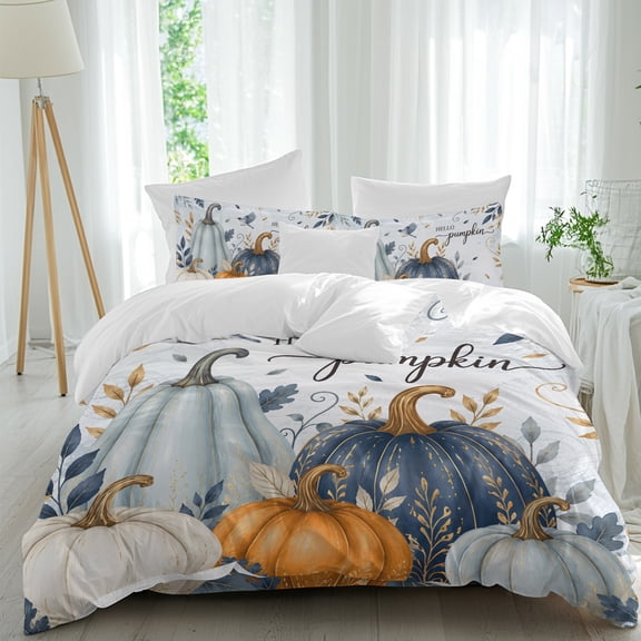 Thanksgiving California King Duvet Cover Set, Fall Deep Navy White Blue Pumpkin Leaf Boho Vintage 4 Piece Soft Cozy Comforter Cover Bedding Set with Zipper, 1 Duvet Cover, 1 Flat Sheet, 2 Pillowcase