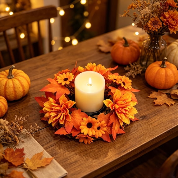 Thanksgiving Candle Ring, Autumn Pumpkin and Maple Leaf Candle Wreath with Harvest Pumpkin and Berry, Seasonal Candle Centerpiece for Fall Home Table Decor