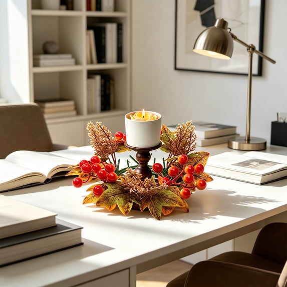 Thanksgiving Candle Ring Wreath, Fall Maple Leaves Pumpkin Berries Candle Rings Wreaths for 3 Inch Center Pillars Thanksgiving Table Centerpieces for Halloween Wedding Autumn Home Party Decor