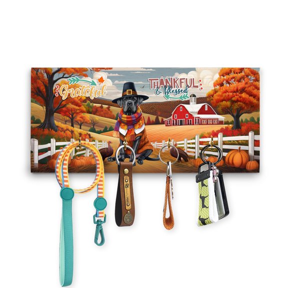 Thanksgiving Cane Corso Pilgrim Grateful, Thankful, Blessed Fall Welcome Wood Key Holder Italian Mastiff Dog Lover Gifts Idea Wall-mounted Key Rack Home Decor - 00021