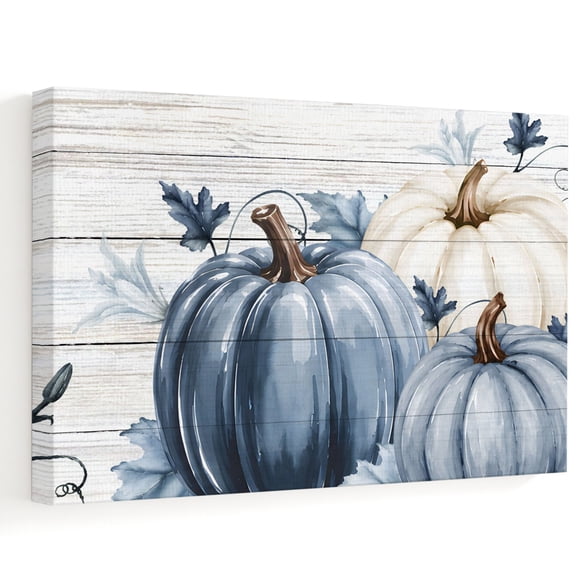 Thanksgiving Canvas Wall Art 10" x 8" Fall Farm Harvest Blue White Pumpkin Flowers Wood Grain Frame Picture Prints, Ready to Hang Waterproof Artwork Decor for Bathroom, Kitchen Small Wall Spaces