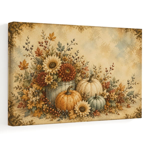 Thanksgiving Canvas Wall Art 10" x 8" Vintage Fall Pumpkins Sunflowers Rustic Floral Frame Picture Prints, Ready to Hang Waterproof Artwork Decor for Bathroom, Kitchen Small Wall Spaces
