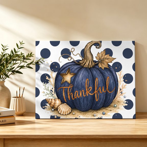 Thanksgiving Canvas Wall Art, Deep Blue Pumpkin Gold Lettering Sea Shells Starfish Wall Art Prints Artwork Framed Canvas Ready to Hang Art Pictures for Bathroom Bedroom Entry Desk Corner 10" x 8"