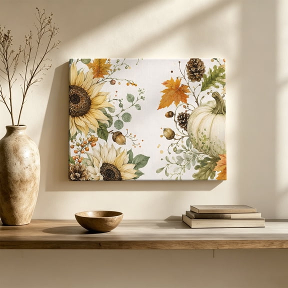 Thanksgiving Canvas Wall Art, Fall Beige Pumpkin Sunflower Pinecones Oak Leaf Wall Art Prints Artwork Framed Canvas Ready to Hang Art Pictures for Hallway Living Dining Room Bedroom 24" x 16"