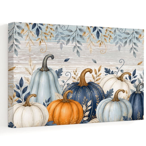 Thanksgiving Canvas Wall Art, Fall Deep Navy White Blue Pumpkin Leaf Wooden Wall Art Prints Artwork Framed Canvas Ready to Hang Art Pictures for Bathroom, Dressing Table, Entryway 12" x 8"