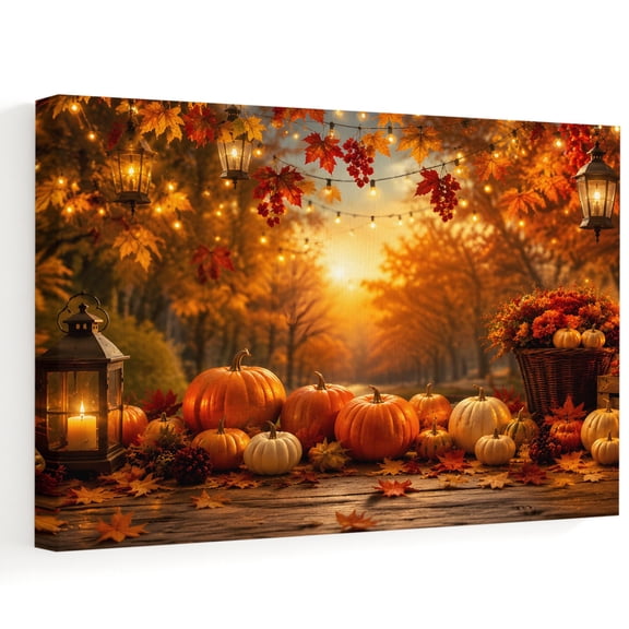 Thanksgiving Canvas Wall Art, Fall Porch Terracotta Orange Amber Pumpkin Maple Leaf Wall Art Prints Artwork Framed Canvas Ready to Hang Art Pictures for Bedroom Living Room Closet Kitchen 16" x 12"