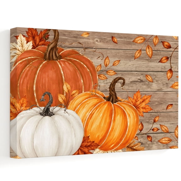 Thanksgiving Canvas Wall Art, Fall Retro Orange Beige Pumpkin Leaf Brown Wood Grain Wall Art Prints Artwork Framed Canvas Ready to Hang Art Pictures for Bathroom, Dressing Table, Entryway 12" x 8"