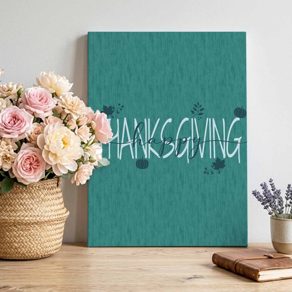Thanksgiving Canvas Wall Art, Happy Thanksgiving Script Green Backdrop Pumpkin Leaf Framed Canvas Wall Decor Picture Print Artwork Decorations for Living Room Office Ready to Hang 14" x 11"