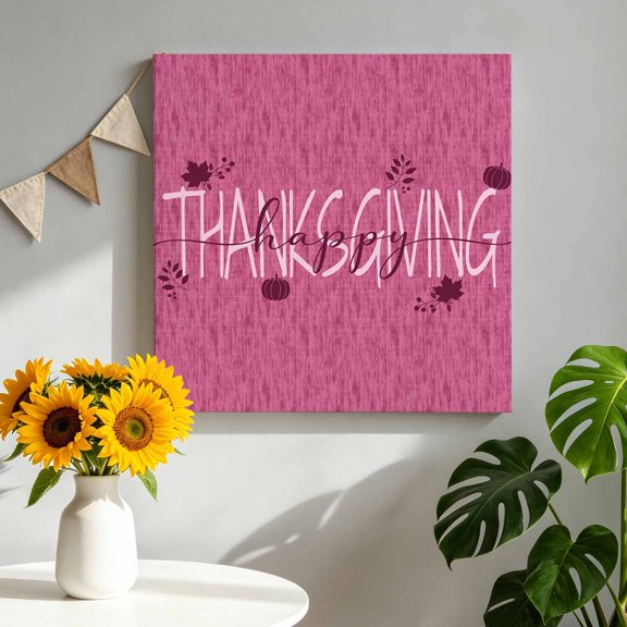 Thanksgiving Canvas Wall Art, Happy Thanksgiving Script Plum Wine Backdrop Pumpkin Framed Canvas Wall Decor Picture Print Artwork Decorations for Living Room Office Ready to Hang 12" x 12"