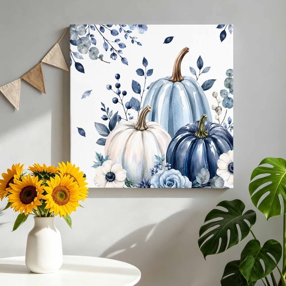 Thanksgiving Canvas Wall Art for Living Room, Fall Country Farm Blue Pumpkin Flowers Berry Leaf Poster Print Painting for Bedroom Office Home Decoration Wall Pictures Prepare To Hang 10"x10"