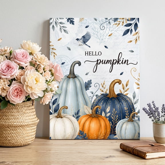 Thanksgiving Canvas Wall Art for Living Room, Fall Deep Navy White Blue Pumpkin Leaf Boho Vintage Poster Print Painting for Bedroom Office Home Decoration Wall Pictures Prepare To Hang 8"x10"