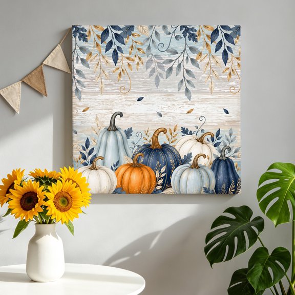 Thanksgiving Canvas Wall Art for Living Room, Fall Deep Navy White Blue Pumpkin Leaf Wooden Poster Print Painting for Bedroom Office Home Decoration Wall Pictures Prepare To Hang 8"x8"