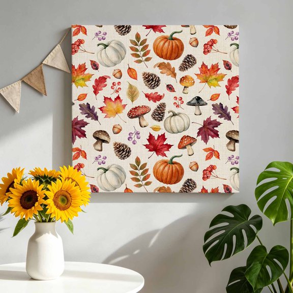 Thanksgiving Canvas Wall Art for Living Room, Fall Vintage Pumpkin Maple Leaf Mushroom Pinecone Berry Poster Print Painting for Bedroom Office Home Decoration Wall Pictures Prepare To Hang 12"x12"