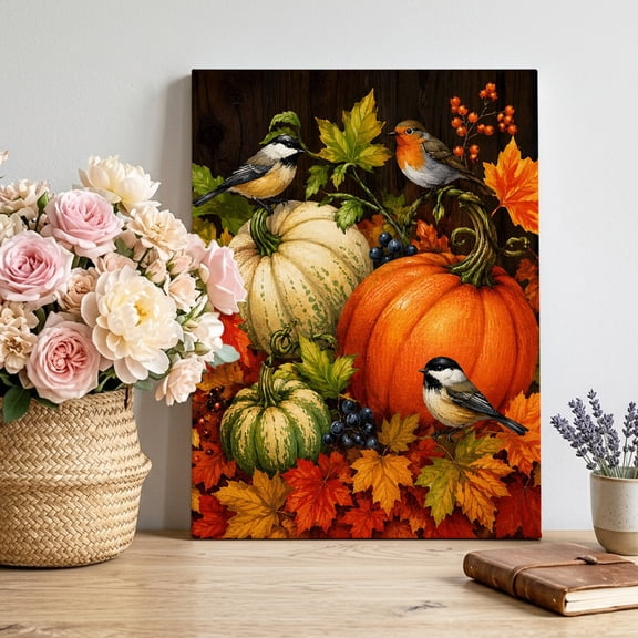Thanksgiving Canvas Wall Art for Living Room, Fall Vintage White Orange Pumpkin Bird Maple Leaf Poster Print Painting for Bedroom Office Home Decoration Wall Pictures Prepare To Hang 11"x14"