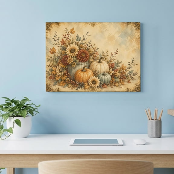Thanksgiving Canvas Wall Art, Vintage Fall Pumpkins Sunflowers Rustic Floral Wall Art Prints Artwork Framed Canvas Ready to Hang Art Pictures for Living Dining Room Bedroom Hallway 24" x 18"