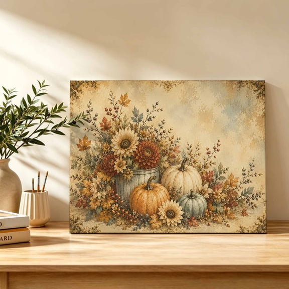 Thanksgiving Canvas Wall Art, Vintage Fall Pumpkins Sunflowers Rustic Floral Wall Art Prints Artwork Framed Canvas Ready to Hang Art Pictures for Study Living Dining Room Bedroom 20" x 16"