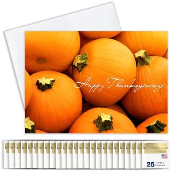 Thanksgiving Cards for Business & Family (Pumpkins) Greeting Card Set Pack of 25 Thanksgiving Cards with Envelopes (5x7 inch - A7) Great for Office, Work, Employees & Clients TH1504$$Office