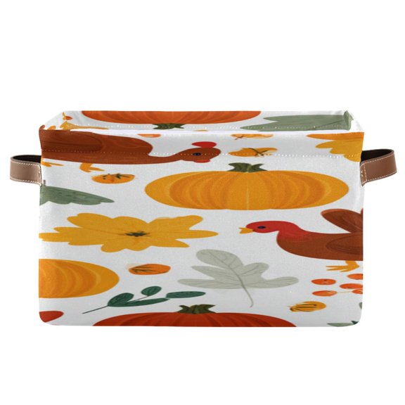 Thanksgiving Cartoon Pumpkins Leaves Square Storage Bins with Handles Collapsible Containing Box 1 Pack