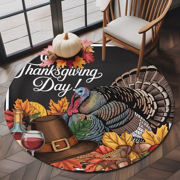 Thanksgiving Cartoon Turkey Pumpkin Round Area Rug 5ft,Living Room Rug Non-Slip Washable Circle Rugs Pad,Autumn Leaves Cap Soft Floor Carpet for Bedroom Dining Room