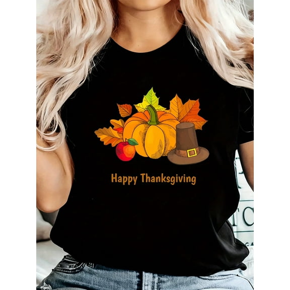 [Thanksgiving Casual Tee] Plus Size Women's Thanksgiving Graphic & Slogan Print T-Shirt - V Neck Tunic Top