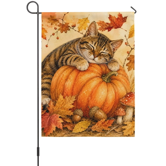 Thanksgiving Cat Garden Flags For Outdoor, Fall Vintage Country Orange Pumpkin Maple Leaf Berry Small Double Side Yard Flags Weather Proof Garden Decor for Lawn Outside Holiday 12 x 18 Inches