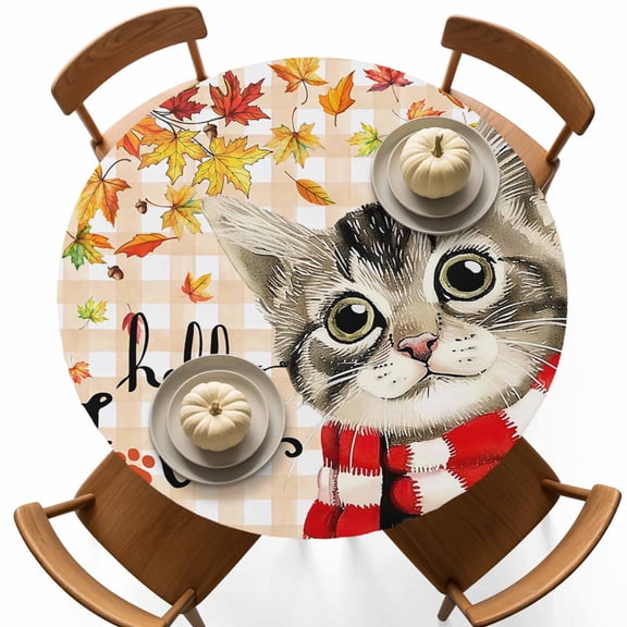 Thanksgiving Cat Maple Leaves Fitted Round Tablecloths Table Covers 45"-54",Waterproof Table Cloth for Kitchen Holiday Party Tables Decor