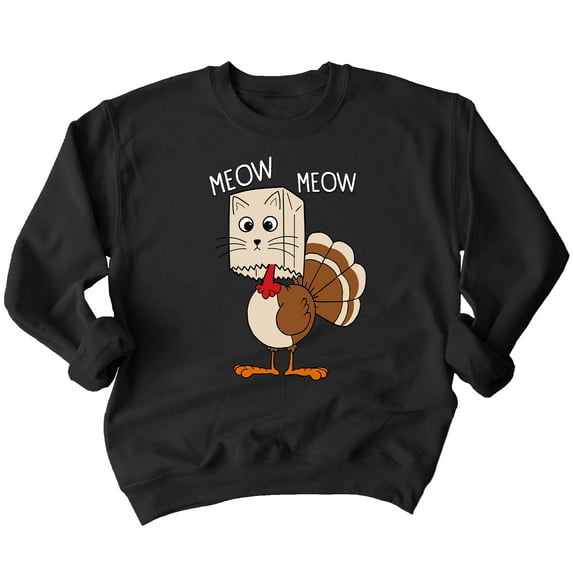 Thanksgiving Cat Meow Funny Hiding Turkey Crewneck Sweatshirt, 2XL, Black