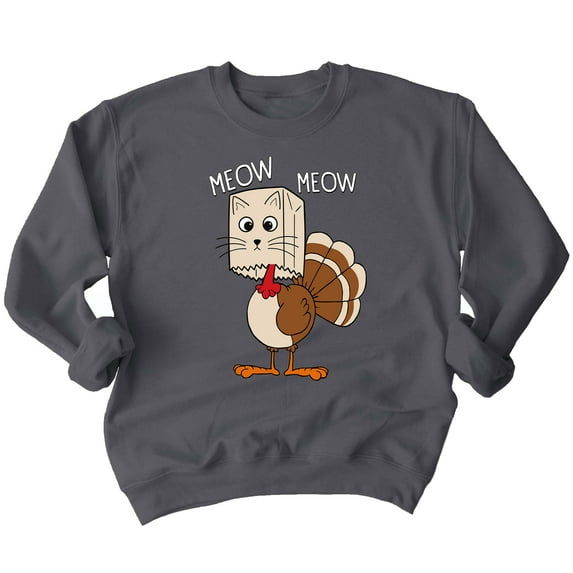 Thanksgiving Cat Meow Funny Hiding Turkey Crewneck Sweatshirt, 3XL, Charcoal