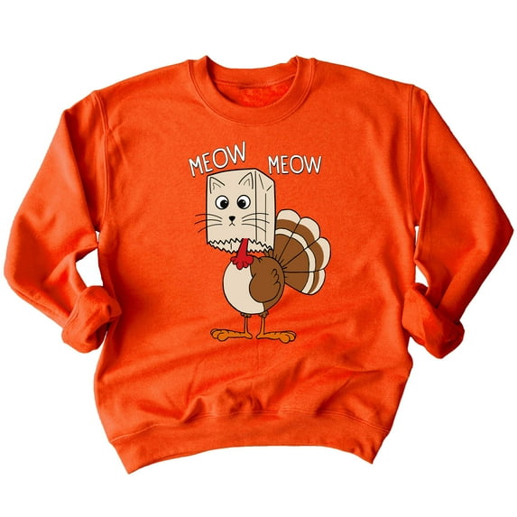 Thanksgiving Cat Meow Funny Hiding Turkey Crewneck Sweatshirt, 3XL, Orange