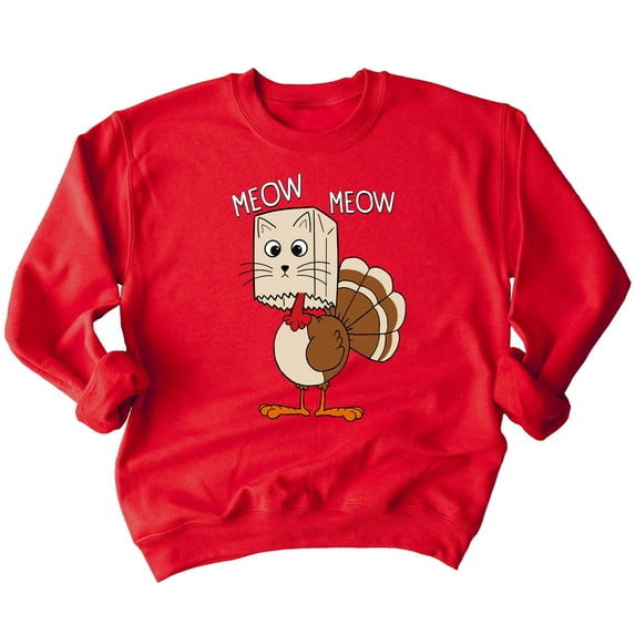 Thanksgiving Cat Meow Funny Hiding Turkey Crewneck Sweatshirt, M, Red